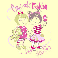 Pretty little fashion girls vector character illustration. Create fashion collection