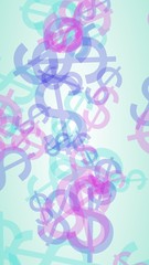 Multicolored translucent dollar signs on white background. Red tones. 3D illustration