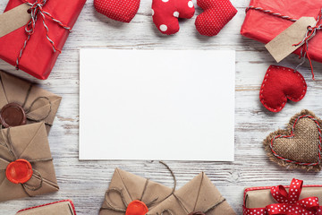 Flat lay cute composition with fabric heart