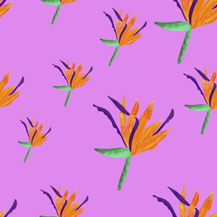 Fototapeta na wymiar Orange and violet strelitzia on pink background. Tropical flower print. Seamless pattern. Packaging, wallpaper, textile, fabric design