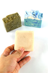 Handmade natural herbal soap Art on soap cubes on a white background