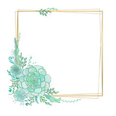 Vector floral frame with succulents. Elegant golden square frame with succulent flowers. Wedding invitation template. 