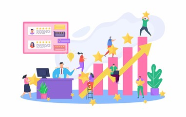 Rating at work, best employee vector illustration. success working, achievement best active workers. Chart with golden stars and company colleague, boss evaluate coworker character ideas.