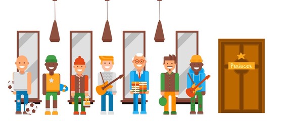 Character with different talents set vector illustration. Men in line at door producer who sponsor their hobby. Guys with guitar, athletes, scientist with books, artist and flat pinball player.