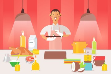 Chiefs people makes dish presentation vector illustration. Man in white tunic and apron stand at work cartoon surface with dish ingredients. Character cook gently spreads food on plate, banner.