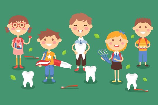 Dental children treatment, vector illustration. Boys and girls character with healthy radiant smile. Professional toothpaste, brush and dental floss. Braces and proper nutrition for dental health.