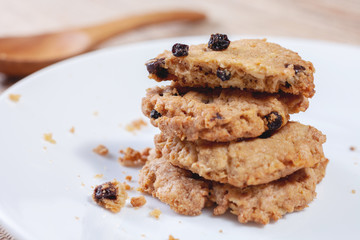 Chocolate Chip Cookies with Milk on baking Add butter . Stack of tasty Cookies Fresh pastries for Snack Breakfast every morning .
