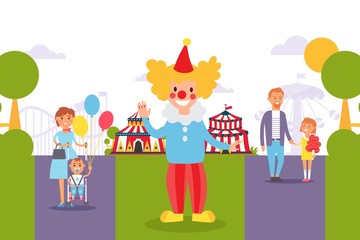 Flat people family at city festival. Clown entertain children with parents on holiday vector illustration. Attractions, circus tent, roller coaster at event. Mom with small son, father and daughter.
