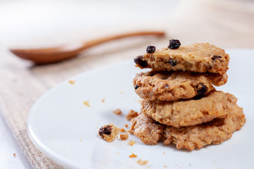 Chocolate Chip Cookies with Milk on baking Add butter . Stack of tasty Cookies Fresh pastries for Snack Breakfast every morning .