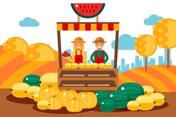 Couple sells seasonal fruits set vector illustration. Man and woman character stand behind counter with melon, watermelons and pumpkins lie on ground. Natural farm products, roadside business.