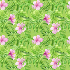 Watercolor illustration seamless pattern of tropical leaves and flower hibiscus. Perfect as background texture, wrapping paper, textile or wallpaper design. Hand drawn