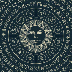 Vector illustration of the Zodiac signs in retro style with Sun and magic runes written in a circle on a black background. Hand-drawn banner with twelve horoscope symbols for astrological forecasts