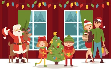 Kids celebrate christmas at home flat. Santa Claus, deer and parents with gifts vector illustration. Boy and girl, siblings character standing at festive green tree, decorating it with ball, star.