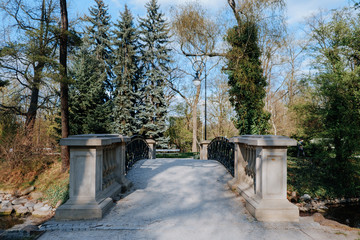 Fototapeta na wymiar Beautiful bridge in spring park in Warsaw, Poland