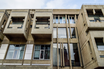 Brutalist Architecture. Details of brutalist concrete building. Part of the Centre National de la Danse (National Dance Center), public building in Pantin, near Paris, France.