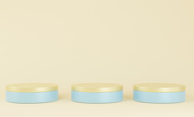 Cylinder podiums on pastel background. Abstract minimal scene with geometrical. Scene to show cosmetic products presentation. Mock up design empty space. Showcase, shopfront, display case. 3d render.