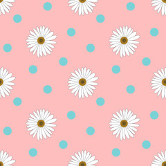 Common daisy seamless pattern on pastel pink background and pink line.To destroy fabrics or patterns.Vector Illustration.