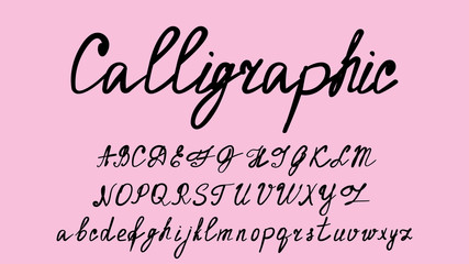 Vector illustration. Hand-drawn calligraphic font. English alphabet black letters isolated on pink background