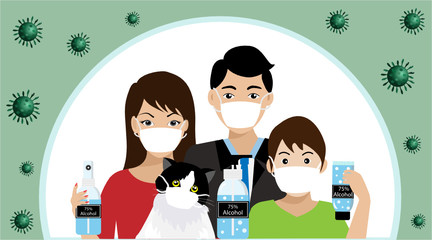 COVID-19 prevention. Family member and cat wearing surgical face mask using 75% alcohol to protect from spreading of COVID-19 Corona virus diseases. Idea for COVID-19 outbreak, prevention, awareness.