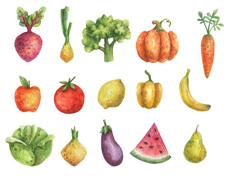 Watercolor Vegetarian set of vegetables (pumpkin, eggplant, tomato, cabbage, carrot, pepper, beets, onions, broccoli) and fruits (apple, lemon, pear, banana, watermelon)