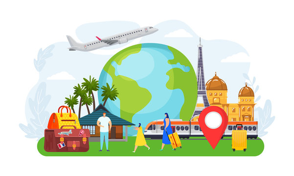 Travel tourist people concept, vector illustration. Adventure around world, tourism vacation by airplane, holiday journey. Family with suitcases abroad, active holiday, sightseeing popular places.