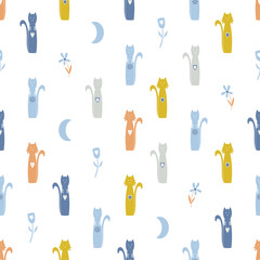 Seamless Vector Pattern with original cats, flowers, hearts, stars, moon for decoration, print, textile, fabric, stationery