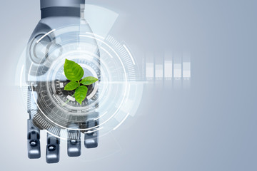 Robot arm with a plant. Digital transformation in agriculture and smart farming.