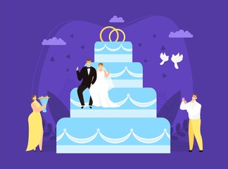 Large wedding couple cake concept, vector illustration. Bride groom character on festive dessert with rings, romantic event celebration. Guests man woman with flower and cartoon pigeons.