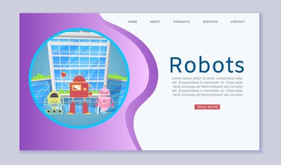 Robotics online lessons with cute robots and transformers website template for kids lessons vector cartoon illustration. Robotics designing lessons webpage for children.