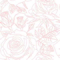 Seamless pattern with pink realistic linear Roses on white background. Hand drawn floral repeat ornament of blossoms in sketch style. Usable for wrapping paper, covers, textile.