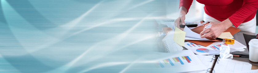 Disorganized businesswoman looking for documents; panoramic banner