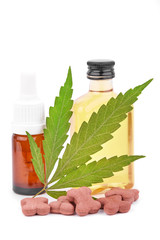 Terpene contains in hemp to add oil to the CBD. Highly purified, almost pure CBD product, distillate. Dog treats and cannabis leaves isolated over white background