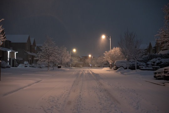 Thick blanket of white snow covering ground and houses in a suburban area with tire tracks in the middle of the road