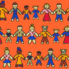 Seamless vector pattern with people holding hands in orange background. Be strong human love wallpaper design. We are strong together.