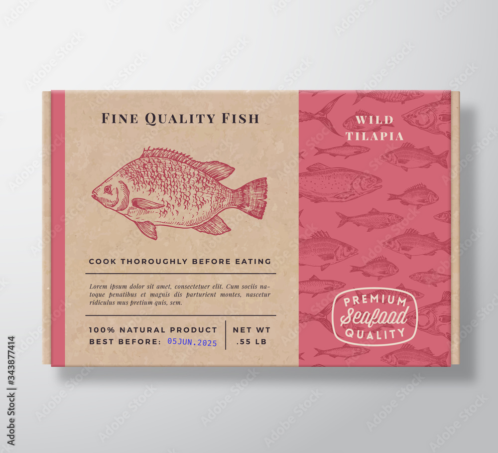 Wall mural fish pattern realistic cardboard container. abstract vector seafood packaging design or label. moder