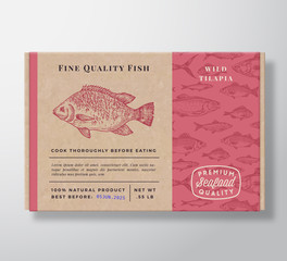 Fish Pattern Realistic Cardboard Container. Abstract Vector Seafood Packaging Design or Label. Modern Typography, Hand Drawn Tilapia Silhouette. Craft Paper Box Pattern Background Layout.