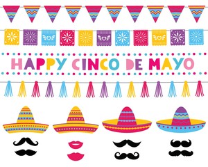Cinco de Mayo vector set, sombrero hats and decoration