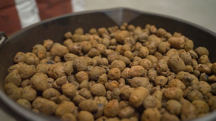 Expanded clay in a bucket. Expanded clay at a construction site. preparing a claydite and concrete solution close-up. expanded clay and cement mortar texture