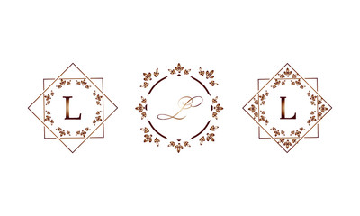 Set of elegant templates in monograms with the letter L. Decorative ornament and identical business sign, restaurant, boutique, cafe, hotel, labels