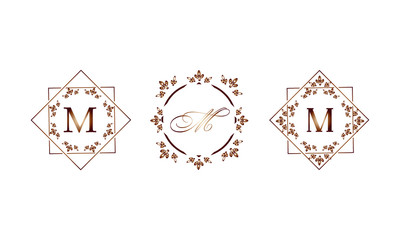 Set of elegant templates in monograms with the letter M. Decorative ornament and identical business sign, restaurant, boutique, cafe, hotel, labels