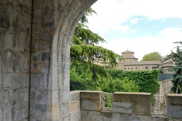 Building seen through arch in Pamplona, Spain