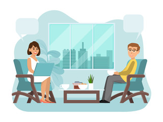 Friends meeting on amicable dinner, people chatting cozy cafe isolated on white, flat vector illustration. Character male female sitting with chat box, design cross gender communication.
