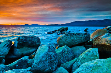 Sunset Over Lake Tahoe and the Rocky Cove at Sand Harbor, Lake Tahoe, Nevada, USA