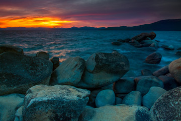 Sunset Over Lake Tahoe and the Rocky Cove at Sand Harbor, Lake Tahoe, Nevada, USA