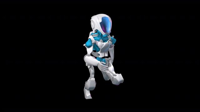 Seamless animation of a robot running isolated with alpha channel. Funny futuristic sci-fi background.