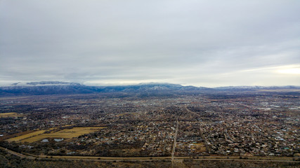 Aerial shot of Albuquerque and the Rio Grande from a hot air balloon, New Mexico, USA