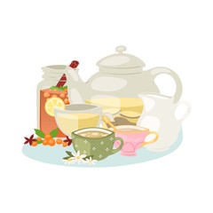 Aromatic herbal tea with herbs and spices ingredients chamomile, lemon, mint, ginger and star anise, rose hip, jasmine, vanilla bean and teapot vector illustration. Herbal tea collection.