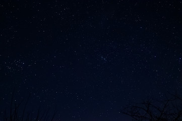 Fototapeta na wymiar Long exposure night photo of a bright stars. A lot of stars with constellations. Far from the city. Night landscape.