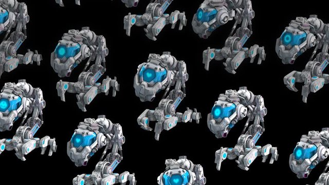 Seamless animation of a army of walking robots isolated with a black background. Funny futuristic sci-fi background.