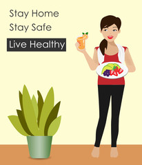 Stay home, work at home on quarantine during COVID-19 corona virus pandemic. Beautiful woman in fitness suit holding orange juice and eating fresh fruits after exercising at home.Idea for live healthy
